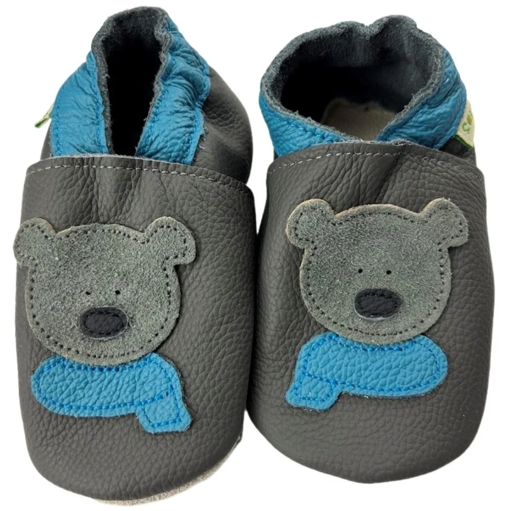Sayoyo Baby Boys 12‎ 18 Soft Leather Bear Crib Shoes Blue Trim Toddler Moccasins